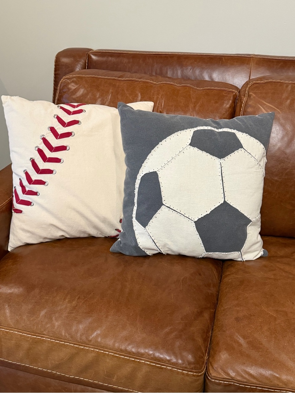 Gray and Cream Soccer Pillow and Cream with Red Stitching Baseball Pillow